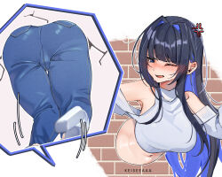Rule 34 | 1girl, ass, ass focus, black hair, blue eyes, blue hair, blunt bangs, blush, breasts, colored inner hair, crack, cracked wall, denim, hair intakes, highres, hololive, hololive english, jeans, keisea, large breasts, long hair, looking at viewer, lower body, multicolored hair, navel, official alternate costume, ouro kronii, ouro kronii (casual), paid reward available, pants, shirt, solo, stuck, through wall, virtual youtuber, white shirt