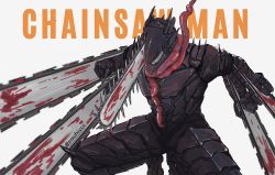 Rule 34 | 1other, absurdres, armor, artist name, black armor, blood, blood drip, bloody weapon, body armor, chainsaw, chainsaw devil, chainsaw man, english text, extra arms, highres, organs, pachiccc, scarf, sharp teeth, simple background, solo, spikes, teeth, weapon, white background