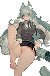 Rule 34 | 1girl, animal ear fluff, animal ears, arknights, barefoot, black skirt, blush, breath, cat ears, cat tail, commentary, distr, english commentary, feet, green eyes, green hair, grey jacket, harmonie (arknights), highres, infection monitor (arknights), jacket, long hair, long sleeves, looking at viewer, no panties, pussy, simple background, skirt, smug, solo, tail, thighs, upskirt, white background