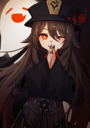 Rule 34 | 1girl, ;p, black nails, boo tao (genshin impact), brown hair, dark background, flower, flower-shaped pupils, genshin impact, ghost, hair between eyes, hat, hat flower, hat tassel, hu tao (genshin impact), long hair, long sleeves, looking at viewer, myuga66666, one eye closed, orange eyes, own hands together, simple background, solo, symbol-shaped pupils, tongue, tongue out, twintails, upper body