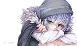 Rule 34 | 1girl, blush, cape, closed mouth, fate/grand order, fate (series), feather trim, gray (fate), green eyes, grey cape, hair between eyes, hood, hood up, hooded cape, knees up, long sleeves, looking at viewer, lord el-melloi ii case files, shirt, sitting, skirt, solo, torichamaru, white shirt