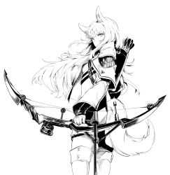 Rule 34 | 1girl, animal ears, arknights, arrow (projectile), boots, bow, capelet, highres, long hair, looking back, lynus, monochrome, platinum (arknights), quiver, solo, standing, wide sleeves, wind