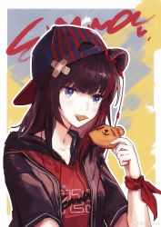 Rule 34 | 1girl, absurdres, animal ears, arknights, bandaid, bandaid on head, baseball cap, bear ears, black hair, black headwear, black jacket, blue eyes, brown hair, character name, chinese commentary, commentary request, cookie, cyrillic, earphones, food, food in mouth, guaikee, hair ornament, hat, highres, holding, holding cookie, holding food, jacket, looking at viewer, medium hair, official alternate costume, open clothes, open jacket, red shirt, shirt, short sleeves, upper body, weibo logo, weibo watermark, zima (arknights), zima (ursus) (arknights)
