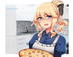 Rule 34 | 1girl, :d, apron, artist logo, artist name, black ribbon, blonde hair, blue eyes, blush, commentary, english commentary, food, genshin impact, hair between eyes, hair ribbon, jean (genshin impact), juliet sleeves, kitchen, long sleeves, looking at viewer, newmoonshira, open mouth, outline, pizza, ponytail, puffy sleeves, ribbon, sidelocks, smile, solo, teeth, upper body, upper teeth only, white outline, wing collar