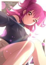 Rule 34 | 1girl, absurdres, aikatsu!, aikatsu! (series), bare shoulders, black sweater, closed mouth, clothing cutout, dated, dutch angle, english text, happy birthday, highres, light rays, looking at viewer, minowa hikari, pink hair, red eyes, sekina, shoulder cutout, sitting, smile, solo, sweater, two side up