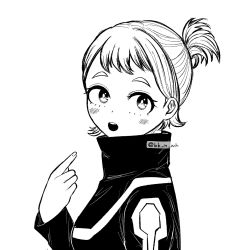 Rule 34 | 1girl, :o, artist name, bk n wh, boku no hero academia, from side, greyscale, hand up, highres, monochrome, official alternate hairstyle, open mouth, pointing, pointing at self, short hair, short ponytail, sidelocks, solo, u.a. gym uniform, upper body, uraraka ochako
