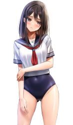 Rule 34 | 1girl, absurdres, arm up, black hair, black one-piece swimsuit, black sailor collar, blush, brown eyes, competition school swimsuit, covered navel, highres, long hair, looking at viewer, medium hair, neckerchief, one-piece swimsuit, original, red neckerchief, sailor collar, sailor shirt, school swimsuit, school uniform, serafuku, serasuku, shirt, simple background, solo, standing, swimsuit, swimsuit under clothes, white background, yukemuriganmo