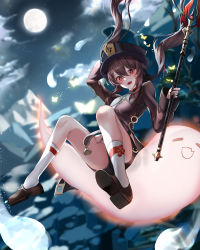 Rule 34 | 1girl, absurdres, arm up, black shorts, brown hair, bug, butterfly, chinese clothes, cloud, falling, full body, full moon, genshin impact, ghost, high heels, highres, holding, holding polearm, holding weapon, hu tao (genshin impact), bug, moon, night, night sky, open mouth, pengrani, polearm, red eyes, scenery, shorts, sky, socks, solo, symbol-shaped pupils, twintails, weapon