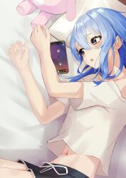 Rule 34 | 1girl, absurdres, bed, black shorts, blue hair, blush, cellphone, commentary request, cowboy shot, discord, double-parted bangs, grey eyes, hair between eyes, highres, hololive, hoshimachi suisei, indoors, long hair, lying, midriff, navel, off-shoulder shirt, off shoulder, on bed, on side, open mouth, phone, pillow, shirt, short shorts, shorts, smallpine 7, smartphone, solo, stuffed animal, stuffed toy, t-shirt, virtual youtuber, white shirt