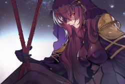 Rule 34 | 1girl, armor, bodysuit, breasts, fate/grand order, fate (series), from side, gae bolg (fate), hair between eyes, highres, large breasts, lingzi, long hair, parted lips, pauldrons, purple hair, red eyes, scathach (fate), shoulder armor, sidelocks, sitting, solo