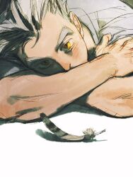 Rule 34 | 1boy, bokuto koutarou, chengongzi123, colored eyelashes, commentary, crossed arms, feathers, grey feathers, grey hair, grey shirt, haikyuu!!, highres, looking at viewer, lying, male focus, on stomach, shadow, shirt, short hair, slit pupils, symbol-only commentary, thick eyebrows, upper body, very short hair, white background, yellow eyes