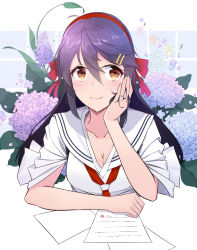 Rule 34 | 1girl, alternate costume, black hair, breasts, brown eyes, cleavage, collarbone, flower, hair between eyes, hairband, hand on own cheek, hand on own face, haruna (kancolle), highres, hydrangea, ieufg, jewelry, kantai collection, large breasts, letter, long hair, looking to the side, neckerchief, red hairband, red neckerchief, ring, school uniform, serafuku, short sleeves, smile, solo, wedding band
