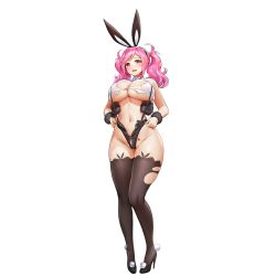 Rule 34 | 1girl, animal ears, black thighhighs, blush, breasts, brown thighhighs, carolina (last origin), cleavage, full body, game cg, high heels, highres, huge breasts, kakiman, last origin, looking at viewer, navel, official art, open mouth, pink eyes, pink hair, rabbit ears, rabbit girl, revealing clothes, see-through, see-through shirt, smile, solo, suspenders, tachi-e, thick thighs, thighhighs, thighs, torn clothes, transparent background, twintails, underboob