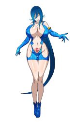 Rule 34 | 1girl, blue hair, breasts, chinese commentary, cleavage, commentary, hair between eyes, high school dxd, highres, kalawarner, large breasts, long hair, navel, pubic tattoo, solo, stomach tattoo, tattoo, very long hair, yellow eyes, yxyyxy