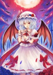 Rule 34 | 1girl, bat (animal), bow, cup, hat, highres, holding, holding cup, holding plate, light purple hair, mob cap, nail polish, plate, puffy short sleeves, puffy sleeves, red bow, red eyes, red nails, remilia scarlet, short sleeves, solo, suzutaka (ringo kakigoori), teacup, touhou, wings