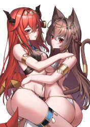 Rule 34 | 2girls, animal ears, armband, ass, braid, breasts, brown hair, cat ears, cat tail, cleavage, commission, dragon girl, dragon tail, earrings, eyeliner, hair between eyes, hair ornament, harem outfit, heterochromia, highres, hoop earrings, horns, iznal, jewelry, lapis (rennyang), makeup, medium breasts, multiple girls, navel, original, parted lips, red eyes, red hair, revealing clothes, scales, second-party source, sidelocks, simple background, strapless, tail, thighlet, thighs, tube top, twisted torso, underboob, white background, yellow eyes