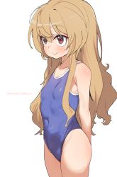 Rule 34 | 1girl, absurdres, aisaka taiga, arms behind back, blush, brown eyes, brown hair, closed mouth, commentary request, dorontabi, fanbox, highres, long hair, looking to the side, one-piece swimsuit, revision, school swimsuit, simple background, smile, solo, standing, swimsuit, toradora!, watermark, web address, white background