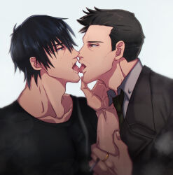 Rule 34 | 2boys, artist request, black hair, contest winner, couple, expressionless, french kiss, fushiguro touji, half-closed eyes, highres, jacket, jewelry, jujutsu kaisen, kiss, male focus, mature male, multiple boys, muscular, muscular male, necktie, pectorals, profile, ring, saliva, scar, scar on face, scar on mouth, shirt, shiu kong, short hair, sideburns, t-shirt, tongue, tongue out, upper body, yaoi