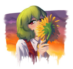 Rule 34 | 1girl, absurdres, commentary, flower, gradient sky, green hair, highres, kazami yuuka, looking at viewer, neo lyte, red eyes, short hair, sky, solo, sunflower, touhou, upper body, yellow flower
