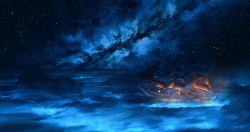 Rule 34 | absurdres, bad id, bad pixiv id, blue theme, bowsprit, cable, highres, horizon, light, milky way, night, night sky, no humans, ocean, original, outdoors, sail, scenery, ship, sky, star (sky), starry sky, water, watercraft, window, wsxmax