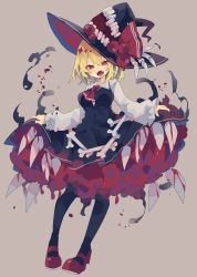 Rule 34 | 1girl, adapted costume, black dress, black hat, black pantyhose, blonde hair, blood drip, blush, bone, breasts, commentary, commentary request, darkness, dress, dripping, extra mouth, fingernails, full body, grey background, hat, hat ornament, hat ribbon, highres, long fingernails, long sleeves, looking at viewer, mary janes, medium breasts, nail polish, nikorashi-ka, open mouth, pantyhose, red eyes, red footwear, red nails, red neckwear, red ribbon, ribbon, rumia, sharp teeth, shirt, shoes, short hair, skirt hold, solo, teeth, tooth, touhou, white shirt, witch hat