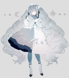 Rule 34 | 1girl, black bow, blue eyes, blue pantyhose, boots, bow, closed mouth, colored eyelashes, dress, full body, fur-trimmed jacket, fur trim, grey dress, grey hair, hair bow, hair ornament, hatsune miku, highres, jacket, liita (dusk snow), looking at viewer, moon, pantyhose, protected link, snowflake hair ornament, snowflake print, solo, sun, two-tone dress, vocaloid, white dress, white footwear, white jacket, yuki miku