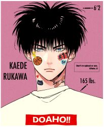 Rule 34 | 1boy, bandaid, bandaid on neck, bishounen, black hair, blue eyes, character name, closed mouth, english text, highres, hntn o, male focus, pink background, portrait, romaji text, rukawa kaede, shirt, short hair, slam dunk (series), solo, sticker on face, straight-on, toned, toned male, white shirt