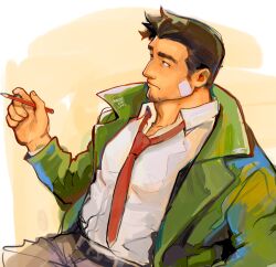 Rule 34 | 1boy, ace attorney, adam&#039;s apple, bandage on face, bandages, belt, black belt, black hair, closed mouth, coat, collarbone, collared shirt, dick gumshoe, facial hair, goatee, green coat, grey pants, highres, holding, holding pencil, long sleeves, looking ahead, loose necktie, male focus, messyinklines, necktie, pants, pencil, red necktie, shirt, short hair, sideburns, signature, solo, white shirt