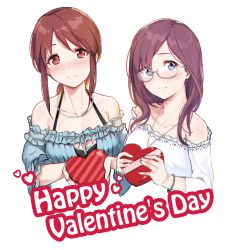 Rule 34 | 10s, 2girls, anti (0324), bare shoulders, bead necklace, beads, blue eyes, blush, box, breasts, brown hair, closed mouth, collarbone, gift, hands up, happy valentine, heart, heart-shaped box, highres, holding, holding gift, idolmaster, idolmaster cinderella girls, jewelry, light smile, long hair, looking at viewer, medium breasts, mifune miyu, multiple girls, necklace, off shoulder, original, ponytail, sidelocks, simple background, valentine, white background, yagami makino