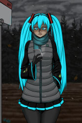 Rule 34 | 1girl, aqua eyes, aqua hair, aqua scarf, aqua trim, artist logo, artist name, black gloves, black skirt, black sleeves, blush, breasts, bright pupils, bus stop, cellphone, closed mouth, cloud, cloudy sky, cowboy shot, dark, dated, dirt, down vest, downcast eyes, dusk, expressionless, eyelashes, falling leaves, field, forest, gloves, glowing, glowing hair, grey leggings, grey vest, hair between eyes, hatsune miku, highres, holding, holding phone, jitome, leaf, leggings, leggings under skirt, light frown, lips, long hair, looking at object, looking at phone, medium breasts, nature, nose blush, overcast, phone, pine tree, pleated skirt, ragathol, runny nose, scarf, sign, signpost, skirt, sky, smartphone, snot, snowflakes, snowing, solo, standing, sweden, swedish flag, tree, twintails, very long hair, vest, vocaloid, white pupils, wide sleeves, worldwide miku