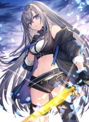 Rule 34 | 1girl, bad id, bad pixiv id, bare shoulders, belt, belt pouch, black gloves, black jacket, black shorts, black thighhighs, blue eyes, blue necktie, breasts, check copyright, copyright request, cowboy shot, coyucom, crop top, gloves, grey hair, hand on own chest, high collar, highres, holding, jacket, long hair, looking at viewer, medium breasts, micro shorts, midriff, multiple belts, necktie, off shoulder, open clothes, open jacket, original, parted lips, pouch, shirt, shorts, sidelocks, single thighhigh, sleeveless, sleeveless shirt, solo, stomach, sword, thigh strap, thighhighs, thighs, very long hair, weapon