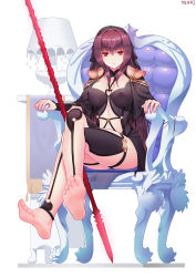 Rule 34 | 1girl, absurdres, armor, barefoot, breasts, chair, fate/grand order, fate (series), feet, foot focus, full body, gae bolg (fate), hair intakes, highres, crossed legs, long hair, looking at viewer, navel, ninai, no shoes, pauldrons, polearm, purple hair, red eyes, scathach (fate), shoulder armor, sitting, soles, spear, toes, very long hair, weapon