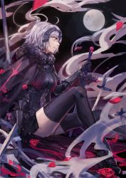 Rule 34 | 1girl, ahoge, armor, armored dress, black gloves, black thighhighs, capelet, chain, elbow gloves, fate/grand order, fate (series), flower, fur trim, gauntlets, gloves, grey hair, headpiece, highres, holding, holding sword, holding weapon, jeanne d&#039;arc (fate), jeanne d&#039;arc alter (avenger) (fate), jeanne d&#039;arc alter (avenger) (first ascension) (fate), jeanne d&#039;arc alter (fate), mento, moon, planted, planted sword, planted weapon, rose, short hair, sitting, smile, solo, sword, thighhighs, weapon, yellow eyes