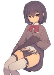 Rule 34 | 1girl, black hair, black panties, blush, bow, bowtie, clothes lift, collared shirt, commentary, cowboy shot, dot nose, dress shirt, everyntrge, frilled thighhighs, frills, grey sweater, hair between eyes, highres, lifted by self, long sleeves, looking at viewer, open mouth, orange eyes, original, panties, red bow, red bowtie, school uniform, shirt, shirt tucked in, short hair, simple background, skirt, skirt lift, solo, sweater, thighhighs, underwear, white background, white shirt, white thighhighs