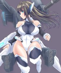 Rule 34 | 1girl, black hair, blue eyes, breasts, commentary request, cowboy shot, grey background, gun, headgear, highleg, highleg leotard, karune, large breasts, leotard, long hair, looking at viewer, machinery, mecha musume, original, profile, simple background, solo, thighhighs, weapon, white leotard, white thighhighs