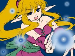 Rule 34 | 1girl, bare shoulders, blonde hair, blue eyes, breasts, bridal gauntlets, bustier, cleavage, earrings, jewelry, k a y a, long hair, magic, open mouth, pointy ears, primm (seiken densetsu 2), sash, seiken densetsu, seiken densetsu 2, solo