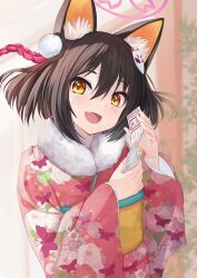 Rule 34 | 1girl, akabane hibame, animal ear fluff, animal ears, black hair, blue archive, blush, fang, floral print, fox ears, fur-trimmed kimono, fur trim, halo, highres, izuna (blue archive), japanese clothes, kimono, long sleeves, looking at viewer, obi, omikuji, open mouth, pink halo, pink kimono, print kimono, sash, short hair, skin fang, smile, solo, wide sleeves, yellow eyes