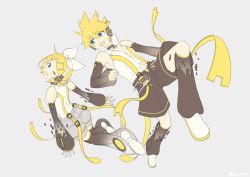 Rule 34 | 1boy, 1girl, aqua eyes, bare shoulders, bass clef, belt, black shorts, black sleeves, blonde hair, blouse, bow, choker, commentary, detached sleeves, digital dissolve, floating, from behind, full body, grey background, hair bow, hair ornament, hairclip, head tilt, headphones, kagamine len, kagamine len (append), kagamine rin, kagamine rin (append), leg warmers, looking at another, one eye closed, open mouth, pendant choker, see-through, see-through legwear, see-through sleeves, shirt, short hair, short ponytail, shorts, sinaooo, sleeveless, sleeveless shirt, smile, spiked hair, swept bangs, vocaloid, vocaloid append, white bow, white shirt