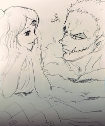 Rule 34 | 1boy, 1girl, age difference, brother and sister, charlotte katakuri, charlotte pudding, long hair, monochrome, one piece, siblings, smile, traditional media