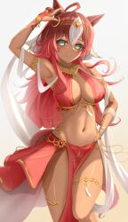Rule 34 | 1girl, :3, absurdres, ahoge, animal ears, arabian clothes, arm up, armlet, armpits, bare shoulders, bikini, blush, breasts, bridal gauntlets, circlet, cleavage, closed mouth, commentary request, cowboy shot, dark-skinned female, dark skin, darley arabian (umamusume), ear ornament, gold collar, green eyes, groin, hair between eyes, highres, horse ears, horse girl, horse tail, large breasts, long hair, looking at viewer, multicolored hair, navel, pelvic curtain, red bikini, red nails, red skirt, shawl, shinonome (shinonome rynn), sidelocks, simple background, skirt, smile, solo, standing, standing on one leg, stomach, swimsuit, tail, thighlet, two-tone hair, umamusume, veil, white background, white hair