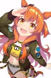 Rule 34 | 1girl, absurdres, animal ears, arm support, atelier z44, belt, bomber jacket, bow, breasts, brown ribbon, brown thighhighs, closed mouth, commentary, cowboy shot, crop top, dog tags, ear ribbon, green belt, green jacket, hair between eyes, hand up, highres, horse ears, horse girl, jacket, long hair, long sleeves, looking at viewer, mayano top gun (umamusume), midriff, navel, open clothes, open jacket, orange eyes, orange hair, ribbon, salute, shadow, shirt, short shorts, shorts, sidelocks, sitting, small breasts, smile, solo, thighhighs, two side up, umamusume, white background, white shorts, yellow shirt