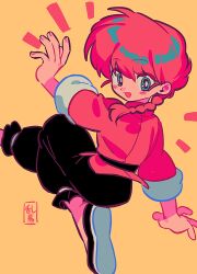 Rule 34 | 1girl, black pants, blush, braid, braided ponytail, chinese clothes, fingernails, hair between eyes, happy, highres, menma (enaic31), open mouth, pants, ranma-chan, ranma 1/2, red hair, signature, simple background, solo, tangzhuang, yellow background