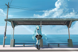 Rule 34 | 1girl, aqua eyes, aqua hair, bird, blue sky, briefcase, cloud, cloudy sky, commentary, day, hatsune miku, highres, holding, holding briefcase, long hair, looking at viewer, mary janes, mikuning, necktie, ocean, outdoors, platform, power lines, sailor collar, scenery, school uniform, serafuku, shoes, short sleeves, skirt, sky, smile, socks, solo, standing, train station, translated, twintails, very long hair, vocaloid, wide shot