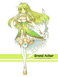 Rule 34 | 1girl, adenti, bad id, bad pixiv id, boots, bow (weapon), breasts, character name, cleavage, dress, elsword, full body, gloves, grand archer (elsword), green eyes, green hair, hair ornament, hairpin, highres, long hair, matching hair/eyes, medium breasts, pointing, pointy ears, puffy sleeves, rena erindel, smile, solo, standing, standing on one leg, thigh boots, thighhighs, watermark, weapon, web address, white background, white gloves, white thighhighs