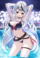 Rule 34 | 1girl, armpits, arms up, belt, bikini, black belt, black bikini, black choker, black collar, black hair, blush, breasts, choker, cleavage, collar, collarbone, double bikini, grey hair, hair ornament, hairpin, heart belt, hololive, inari (ambercrown), jacket, large breasts, long hair, looking at viewer, multicolored hair, navel, night, open clothes, open jacket, open mouth, pool, red bikini, red eyes, sakamata chloe, see-through, see-through jacket, smile, solo, streaked hair, swimsuit, thigh strap, virtual youtuber, wet, x hair ornament