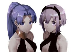 Rule 34 | 2girls, assassin (fate/zero), bad id, bad twitter id, bare shoulders, black hairband, blue eyes, blue hair, breasts, cleavage, dark skin, dark-skinned female, earrings, eiri (eirri), fate/grand order, fate/prototype, fate/prototype: fragments of blue and silver, fate/zero, fate (series), female assassin (fate/zero), hair between eyes, hair over one eye, hairband, hassan of serenity (fate), high ponytail, jewelry, long hair, looking at viewer, lowres, medium breasts, multiple girls, ponytail, portrait, purple eyes, purple hair, revealing clothes, short hair, upper body