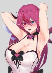 Rule 34 | 1girl, armpits, arms up, blue hair, blush, breasts, cleavage, drawfag, fangs, heterochromia, highres, hololive, hololive english, irys (hololive), large breasts, long hair, pink eyes, pink hair, solo, virtual youtuber