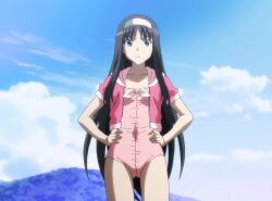 Rule 34 | 1girl, black hair, bow, breasts, carnival phantasm, covered navel, green eyes, hair bow, hands on own hips, highres, jacket, legs, long hair, looking at viewer, one-piece swimsuit, open clothes, open jacket, small breasts, solo, stitched, swimsuit, thighs, third-party edit, tohno akiha