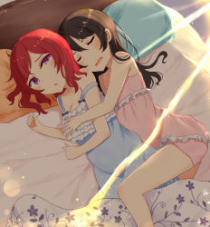 Rule 34 | 10s, 2girls, :o, bare shoulders, bed, bed sheet, breasts, brown hair, closed eyes, collarbone, dust, floral print, frills, highres, lens flare, light rays, long hair, looking at viewer, love live!, love live! school idol project, lying, medium breasts, morning, multiple girls, nagou nono, nightgown, nishikino maki, on bed, on side, open mouth, parted bangs, pillow, purple eyes, red hair, sleeping, sleepwear, spooning, strap slip, sunbeam, sunlight, waking up, yazawa nico, yuri