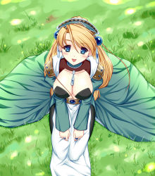 Rule 34 | 1girl, atelier (series), atelier marie, belt, blonde hair, blue eyes, breasts, breasts squeezed together, cleavage, coat, earrings, female focus, from above, grass, hairband, highres, jacket, jewelry, kneeling, large breasts, long hair, looking at viewer, looking up, marie (atelier), ring, ryuuzouji usagi, seiza, sitting, smile, solo
